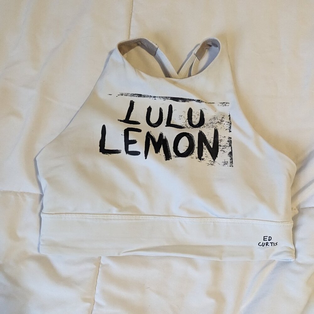 Lululemon sports bra graffiti style strappy back white 10 Ed Curtis